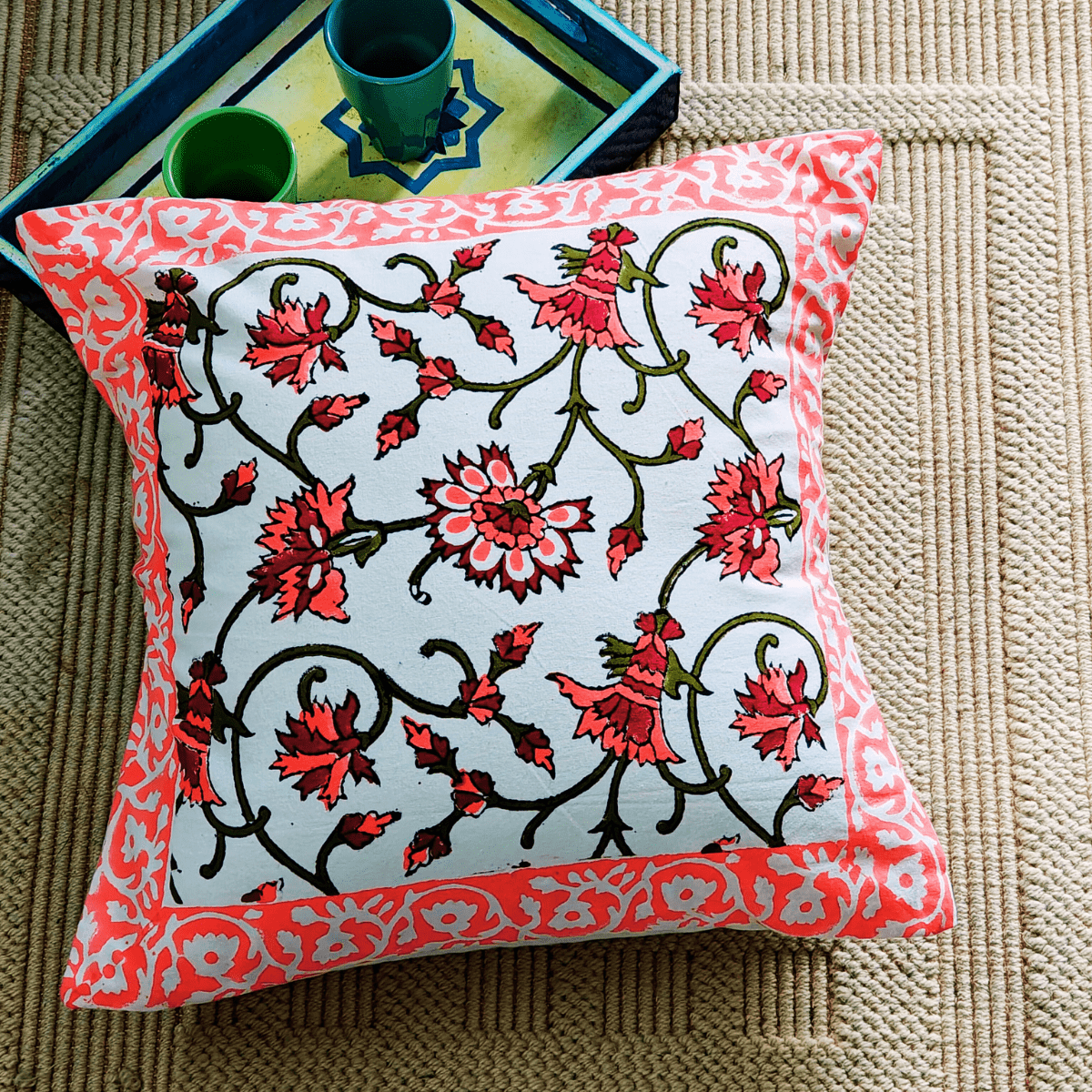 Taraash Hand Block Printed Cushion Covers, 16" x 16", Pack of 5 - Coral Slub -